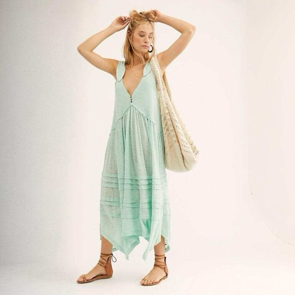 Free People Bay Breeze Maxi Dress Mint Green Tie Shoulder Small Oversized